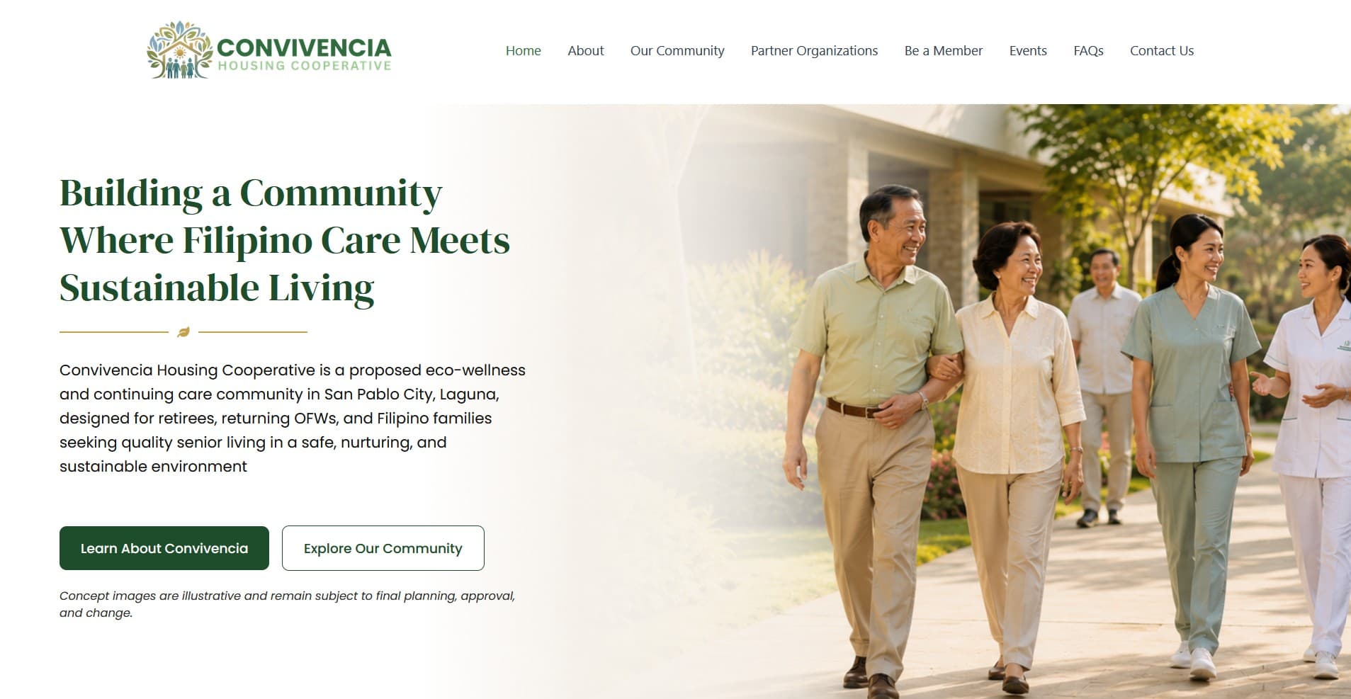 Screenshot of the Convivencia Housing Cooperative website homepage
